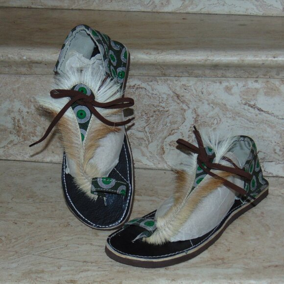 Boho Hippie African Springbok Fur Hide Zulu Imbadada Leather Batik Sandals Women - Picture 2 of 14